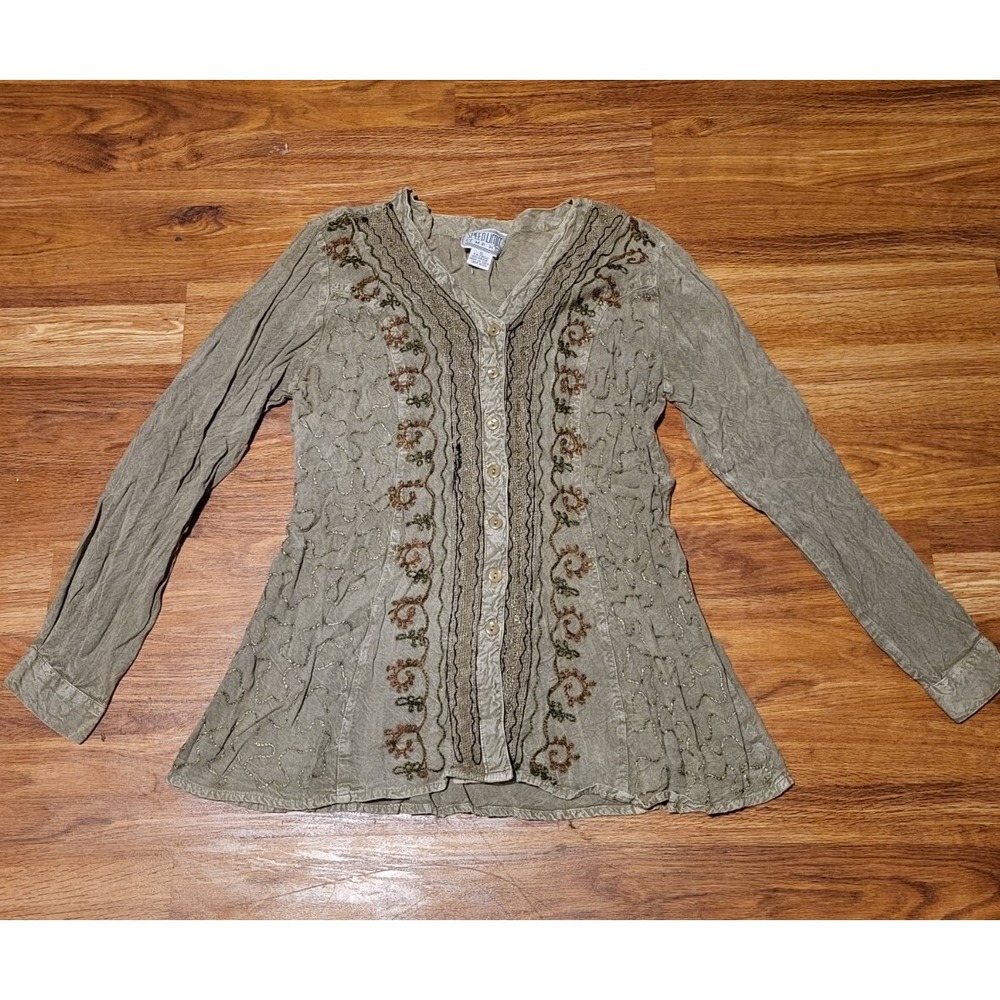 VTG 80s Speed Limit MPH Brown Green Embroidered L/S‎ Top XL